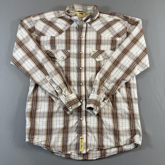Larry Mahan Shirt Mens Large Brown Plaid Pearl Snap Western Cowboy Long Sleeve - Picture 5 of 8